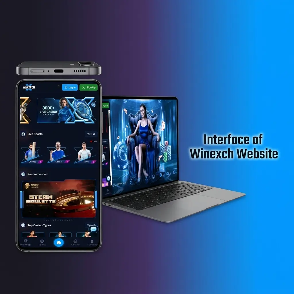 Winexch website interface showing top navigation bar with Sports, Casino, Live Casino, eSports, and Promotions sections