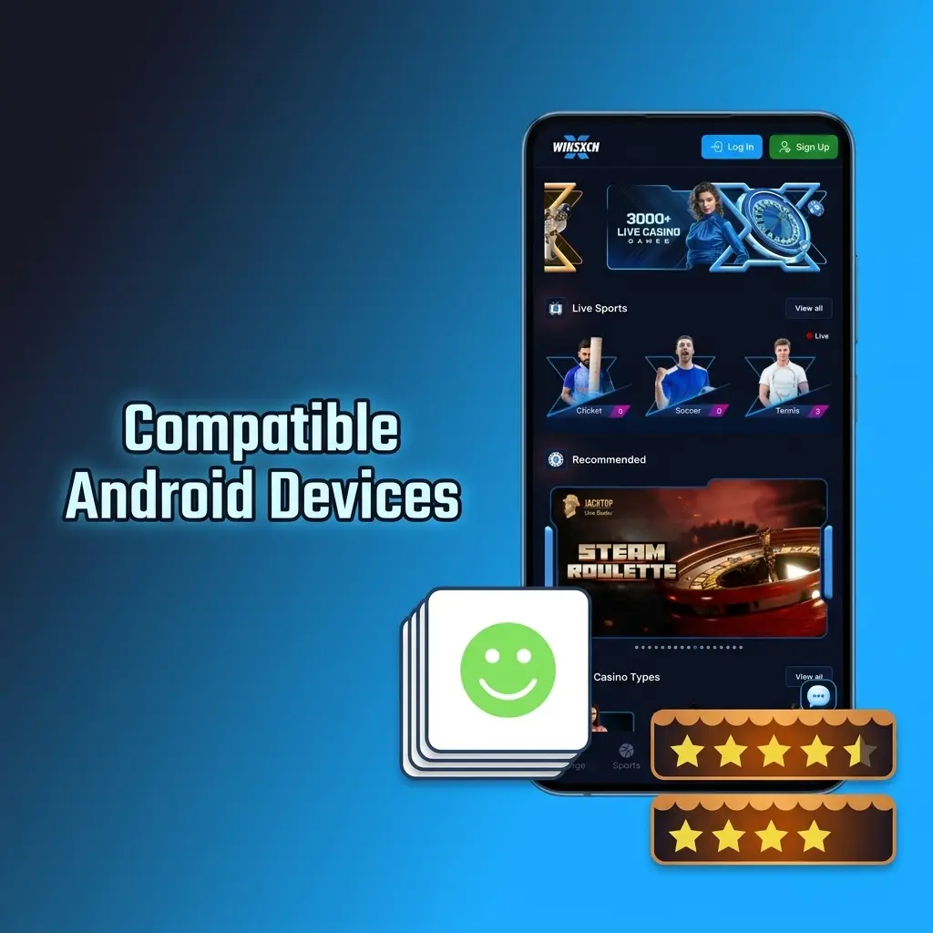 List of compatible Android devices for Winexch app including Samsung, Redmi, Realme, POCO, OnePlus, Vivo, and Motorola models